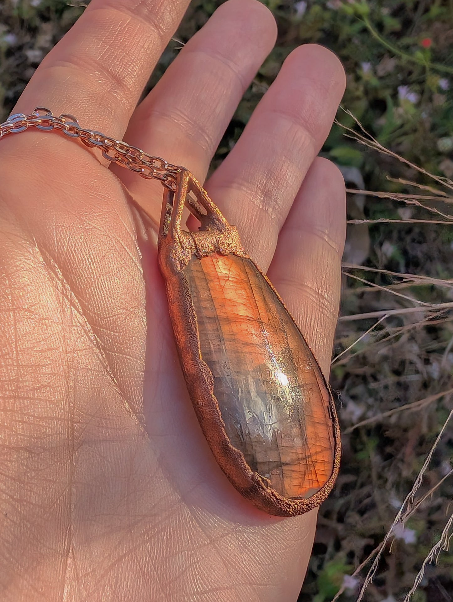 Pink Orange Flash Labradorite Pendant Necklace