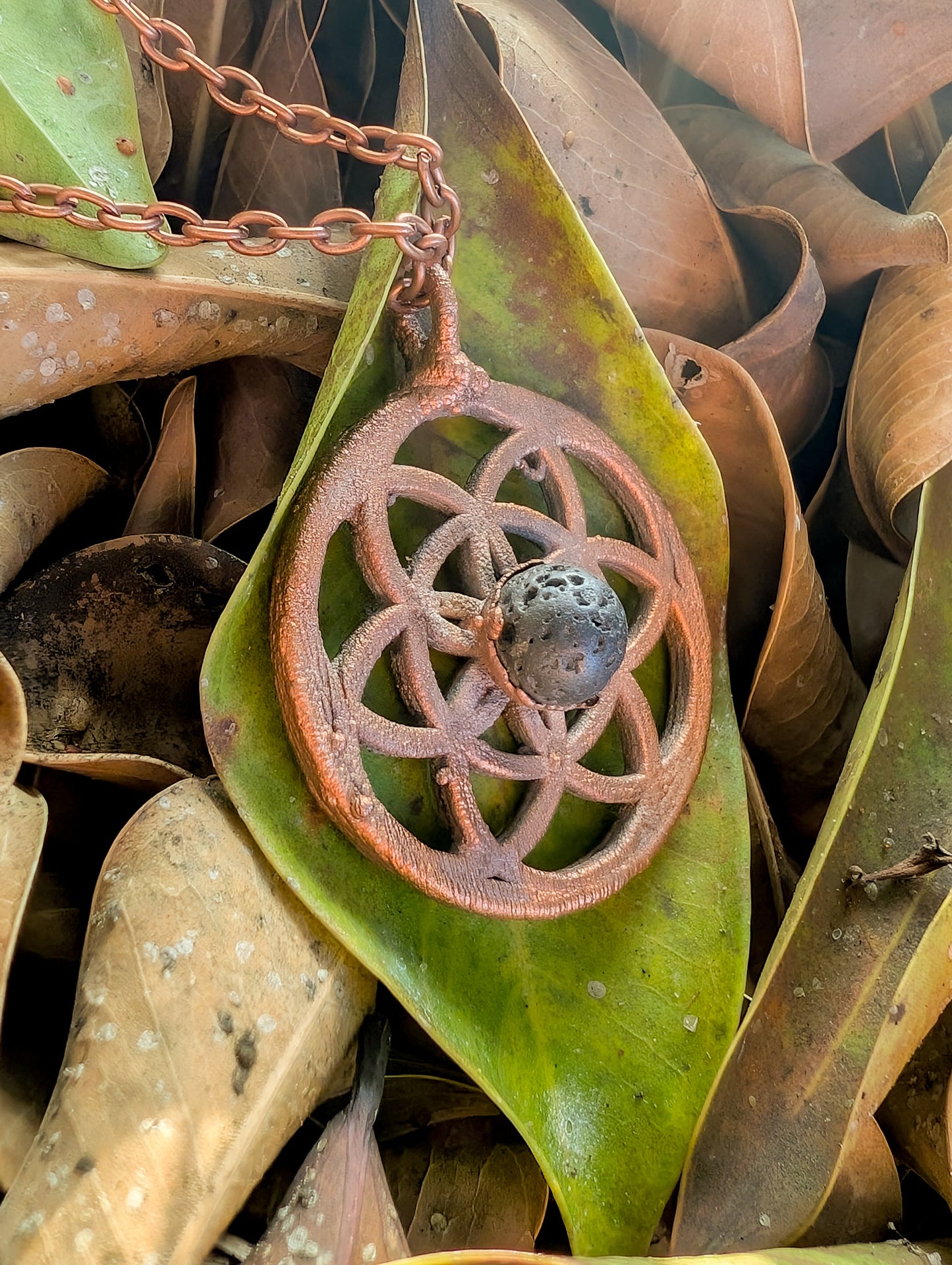 Copper Flower of Life Lava Bead Pendant Necklace