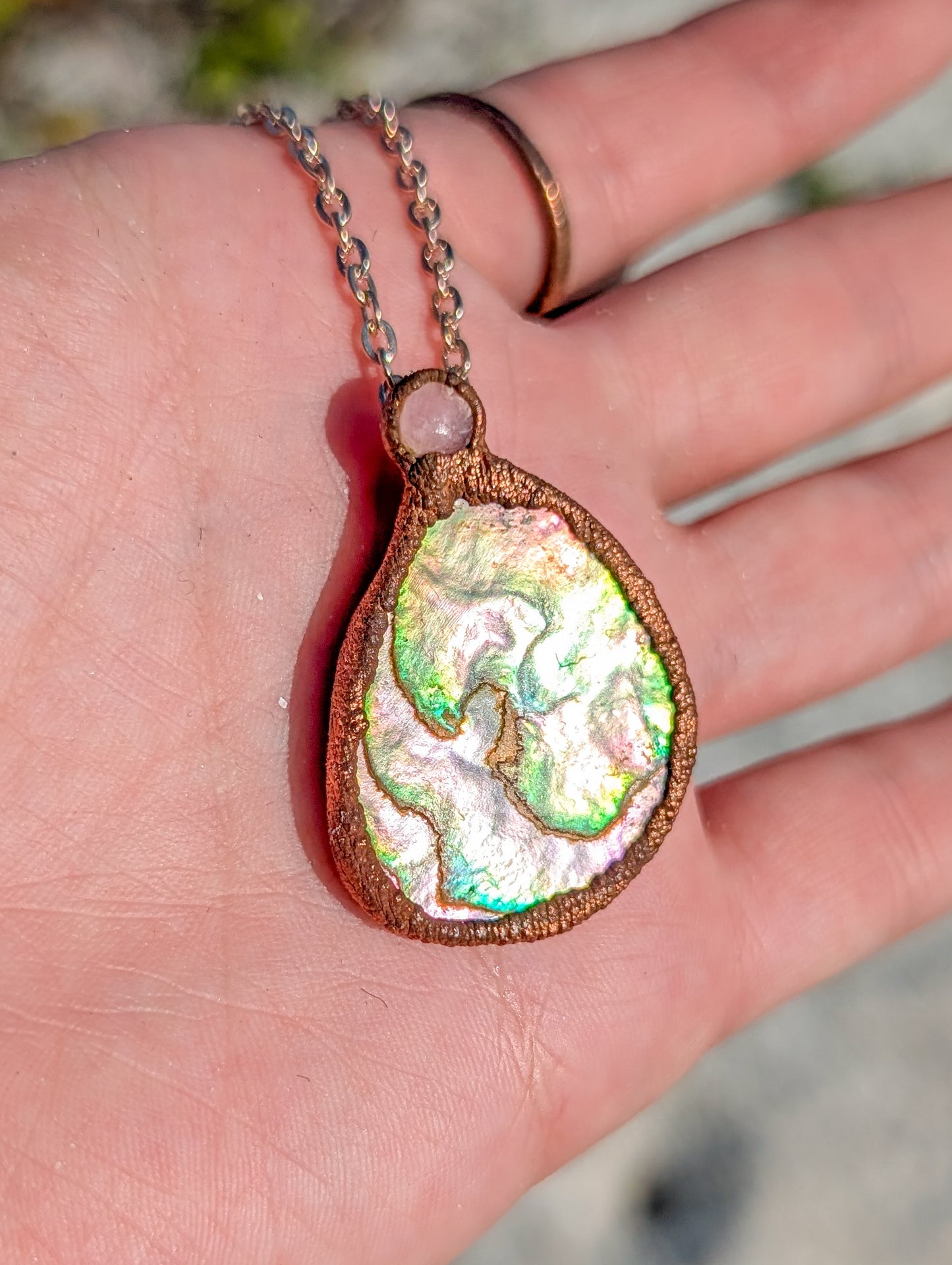 Rhodochrosite Abalone Copper Pendant Necklace