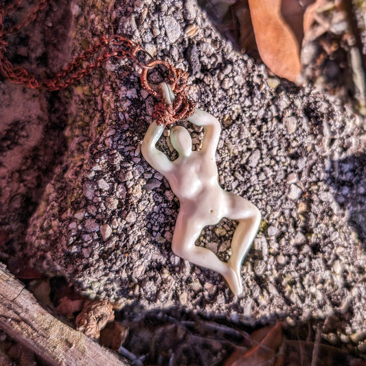 Shibari Bondage Carved Cow Bone Woman Copper Pendant Necklace