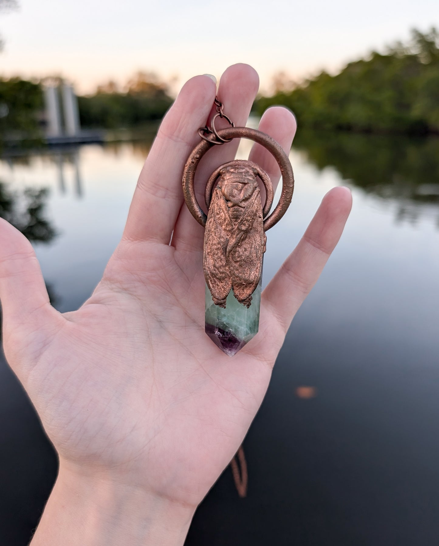 Flourite Copper Plated Cicada Transformation Talisman Pendant Necklace