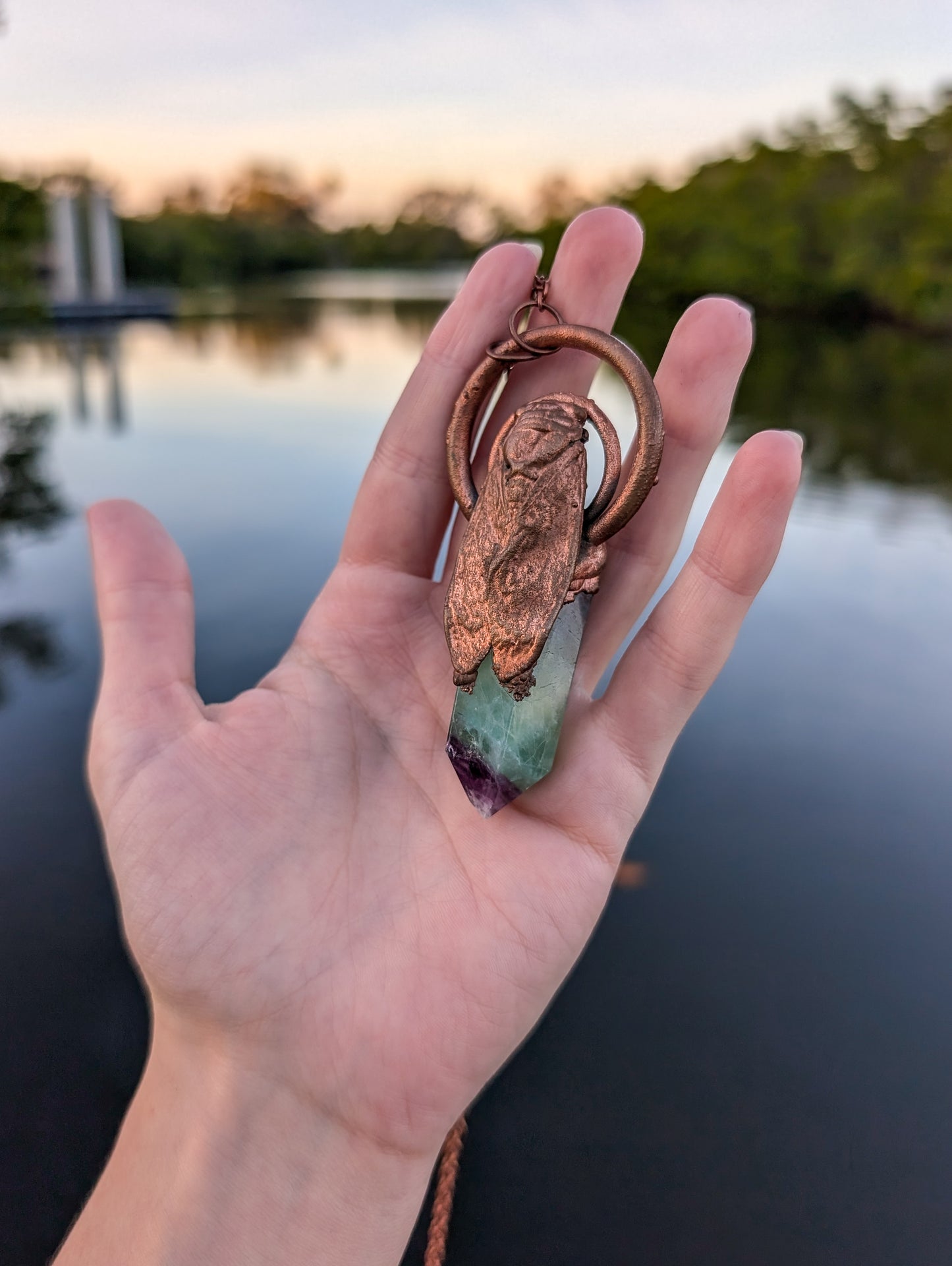 Flourite Copper Plated Cicada Transformation Talisman Pendant Necklace