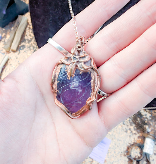 Copper Flower Carved Leaf Amethyst Pendant