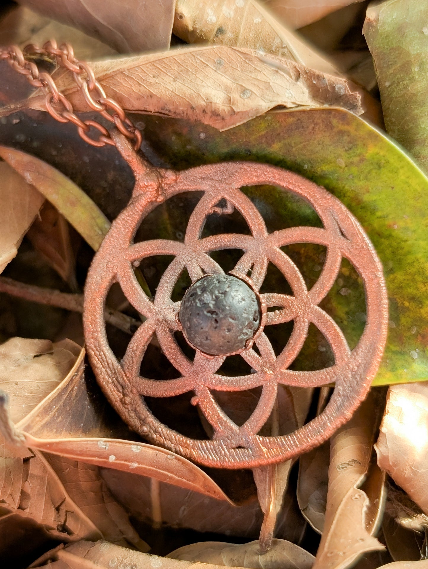 Copper Flower of Life Lava Bead Pendant Necklace
